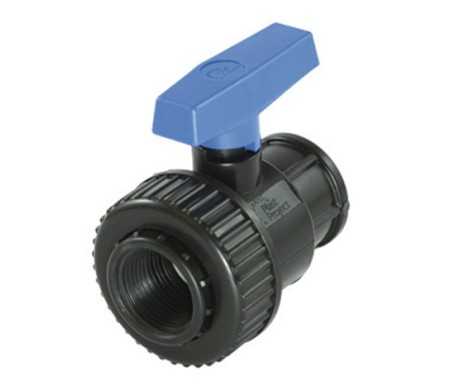 Black PVC ball valve with female threaded offtakes