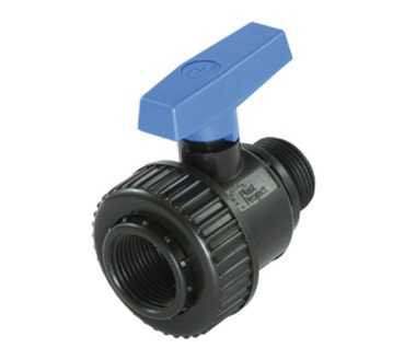 Black PVC ball valve with male-female threaded offtakes