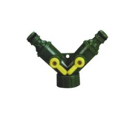 Plastic snap-in “Y” hose connector w/shut off